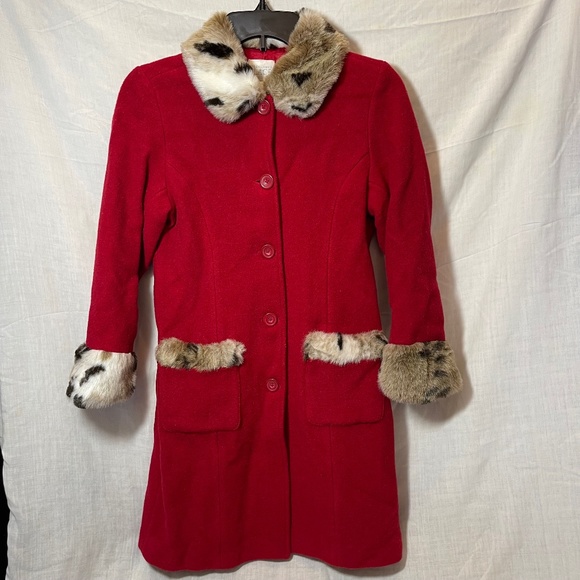 The Children’s Place Red Girls Dress Coat with faux animal print collar & cuffs - Picture 1 of 10